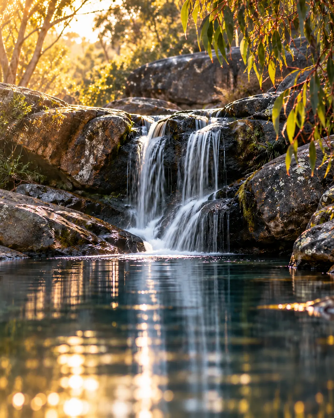 A peaceful waterfall flowing into a still pool