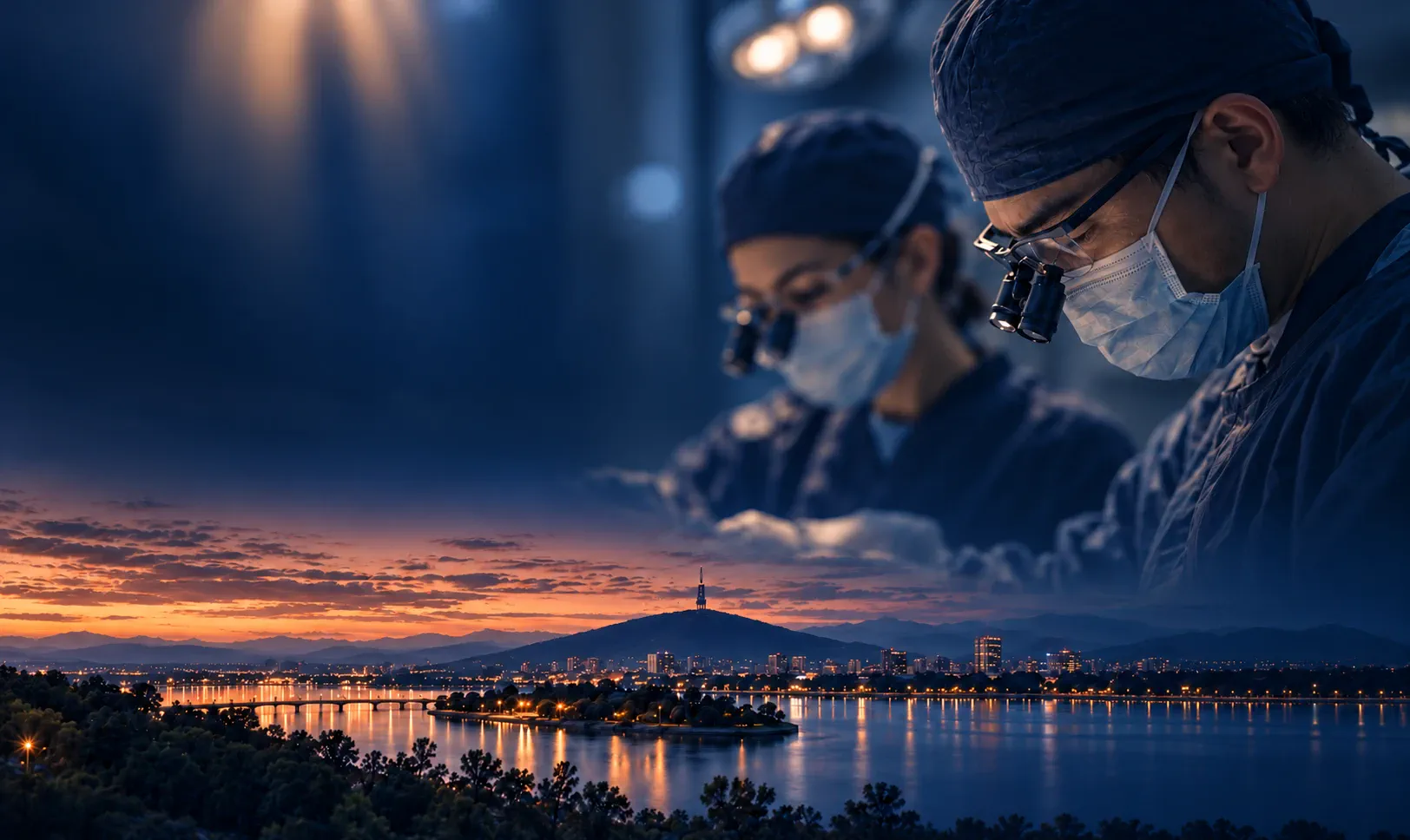 Illustrative dental clinicians blended with a Canberra sunset over Lake Burley Griffin