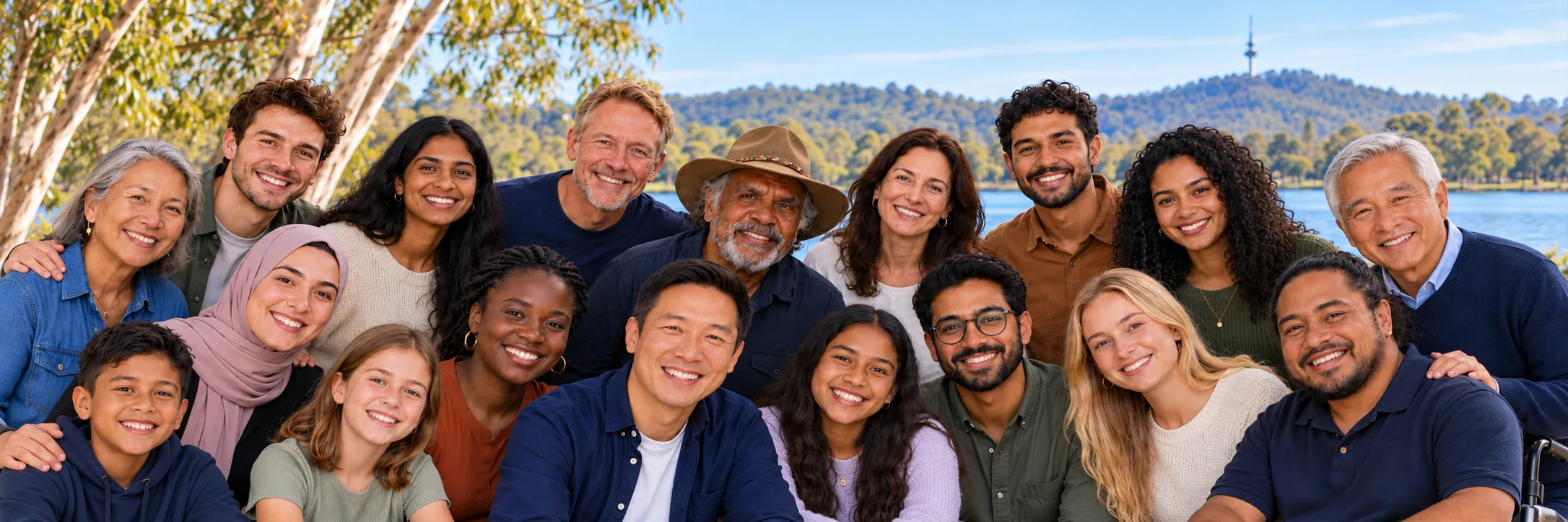 An illustrated community portrait of adults and children together beside Lake Burley Griffin in Canberra