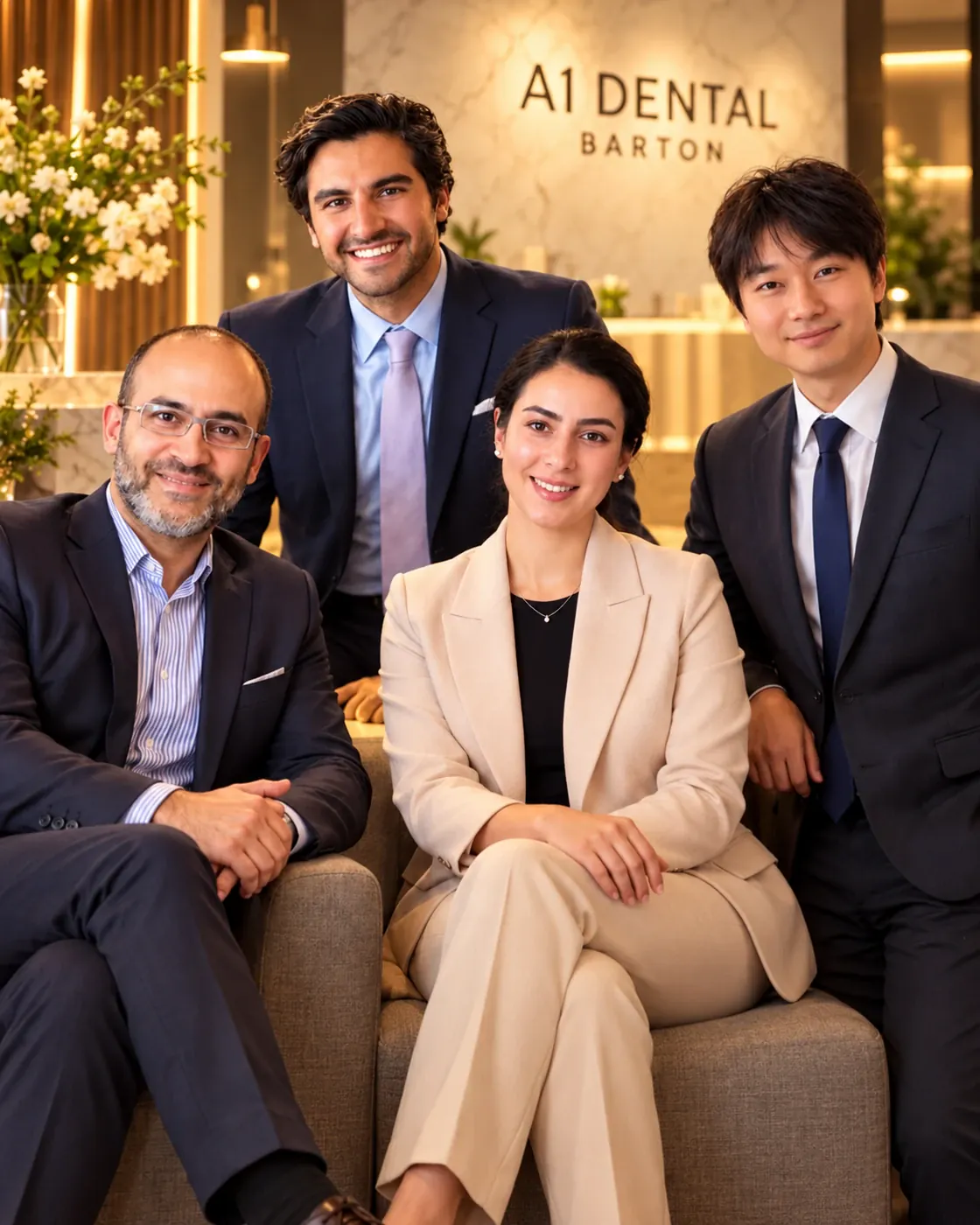 Illustrative team portrait of Dr Shareif, Dr Arash, Dr Taban and Dr Carter in an A1 Dental Barton reception setting